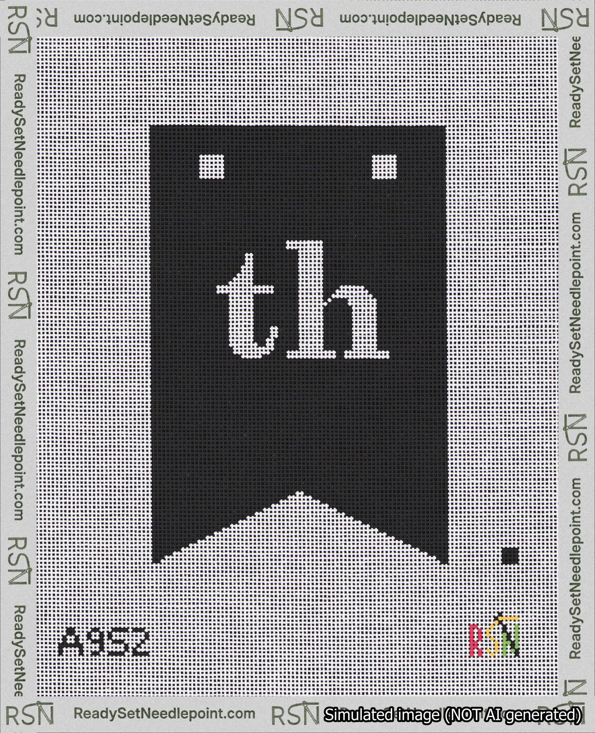 A taped needlepoint canvas with the design: Banner 18 mesh count Forked th White on Black.