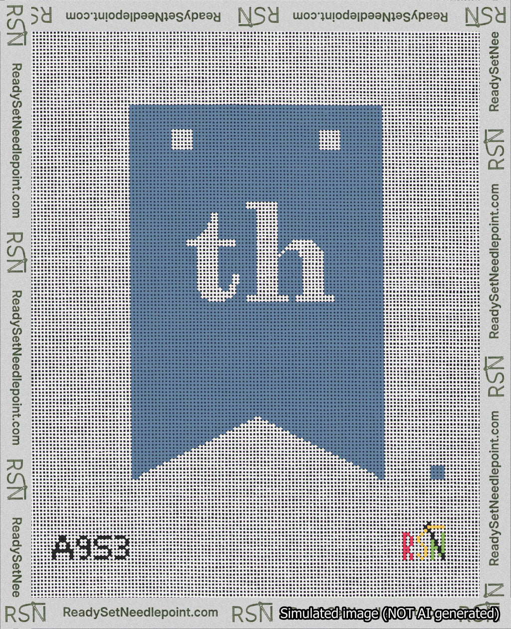 A taped needlepoint canvas with the design: Banner 18 mesh count Forked th White on Blue.