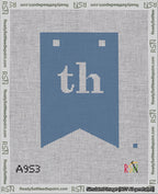 A taped needlepoint canvas with the design: Banner 18 mesh count Forked th White on Blue.