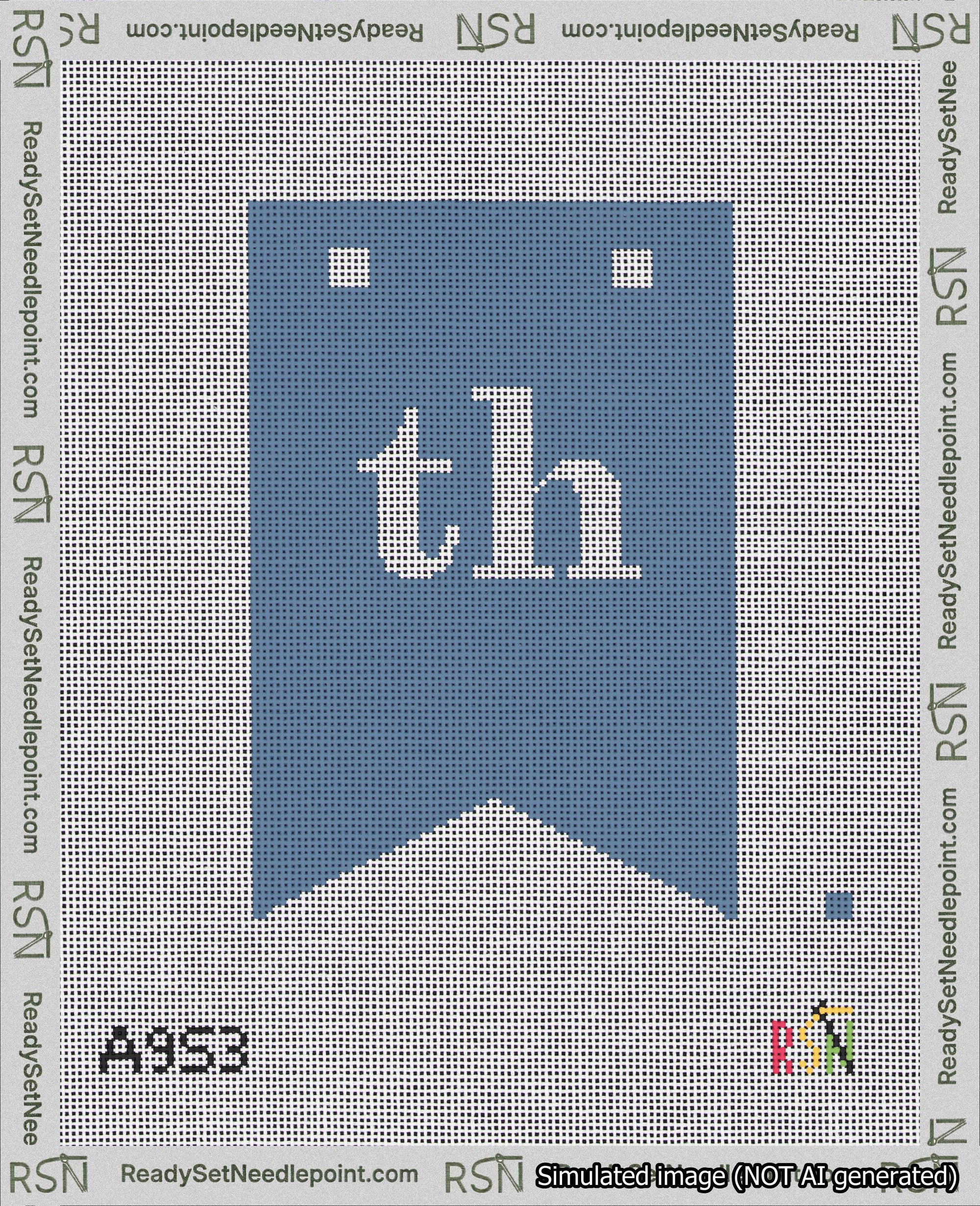 A taped needlepoint canvas with the design: Banner 18 mesh count Forked th White on Blue.