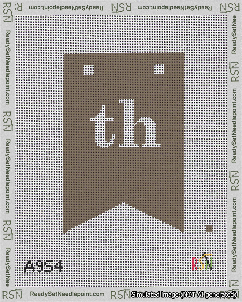 A taped needlepoint canvas with the design: Banner 18 mesh count Forked th White on Brown.