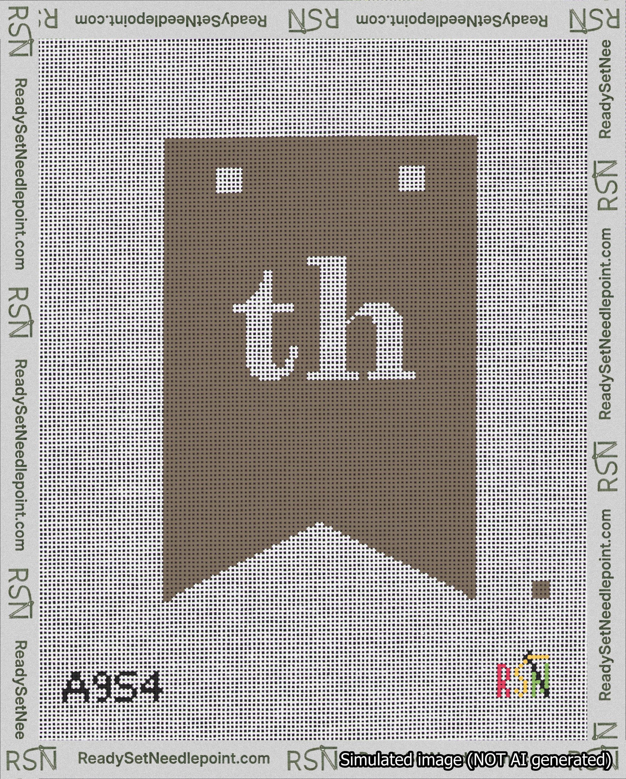 A taped needlepoint canvas with the design: Banner 18 mesh count Forked th White on Brown.