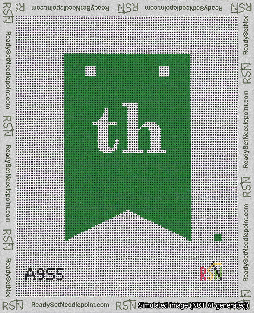 A taped needlepoint canvas with the design: Banner 18 mesh count Forked th White on Green.