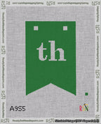 A taped needlepoint canvas with the design: Banner 18 mesh count Forked th White on Green.
