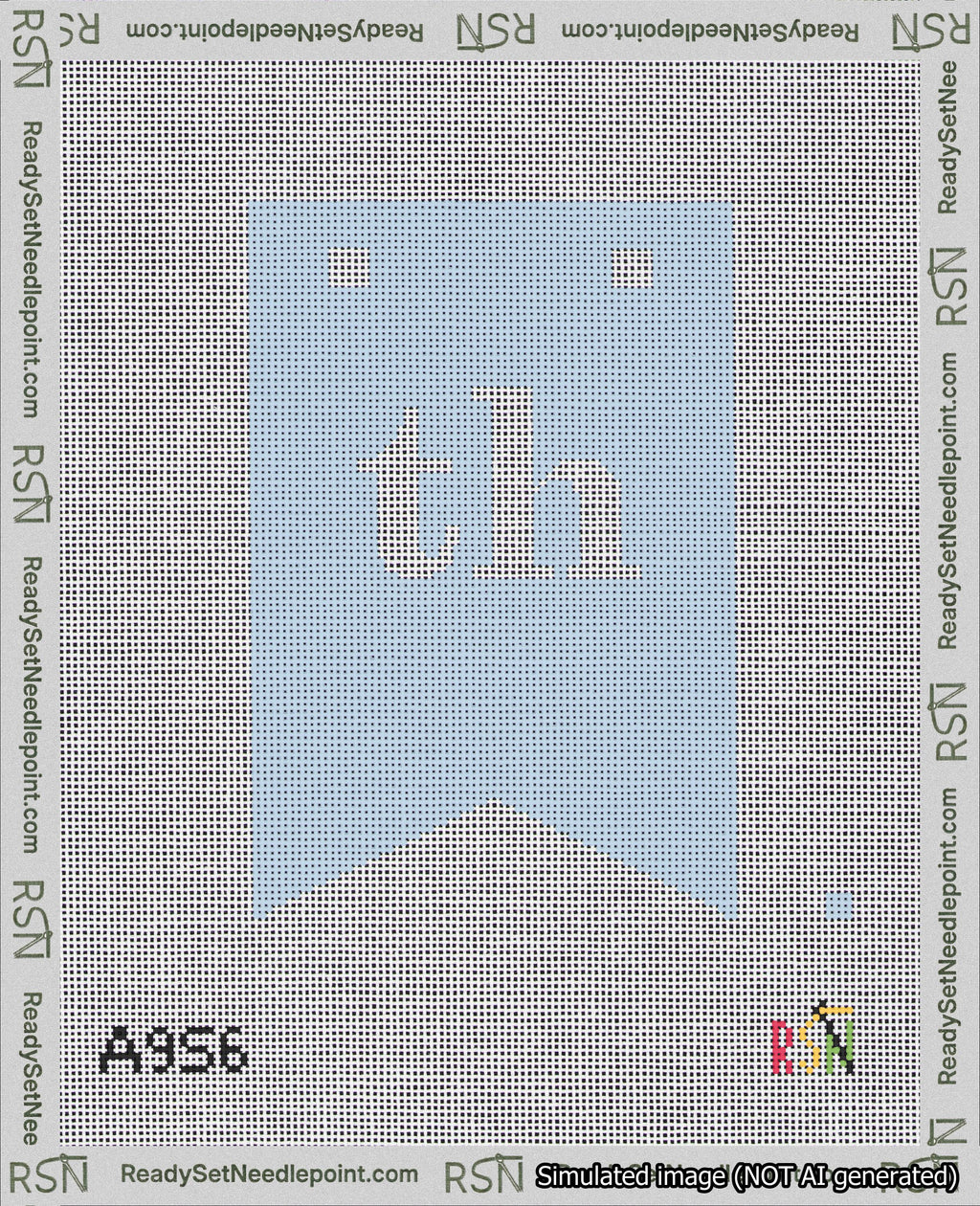 A taped needlepoint canvas with the design: Banner 18 mesh count Forked th White on Light Blue.