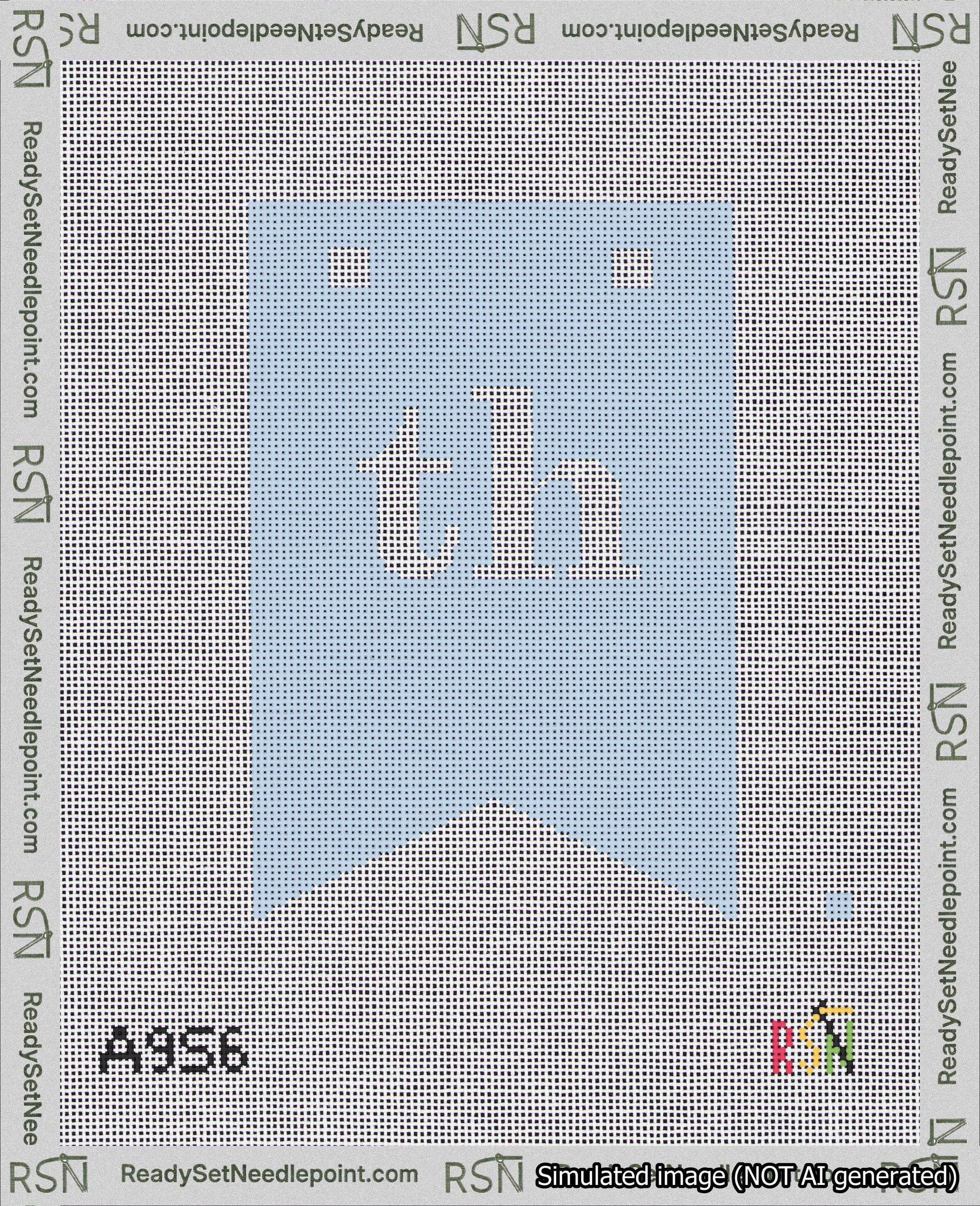 A taped needlepoint canvas with the design: Banner 18 mesh count Forked th White on Light Blue.