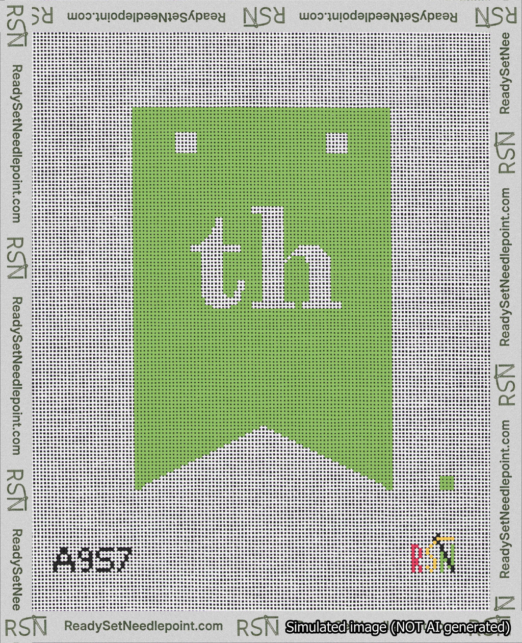 A taped needlepoint canvas with the design: Banner 18 mesh count Forked th White on Light Green.