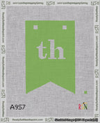 A taped needlepoint canvas with the design: Banner 18 mesh count Forked th White on Light Green.