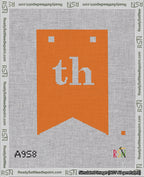 A taped needlepoint canvas with the design: Banner 18 mesh count Forked th White on Orange.
