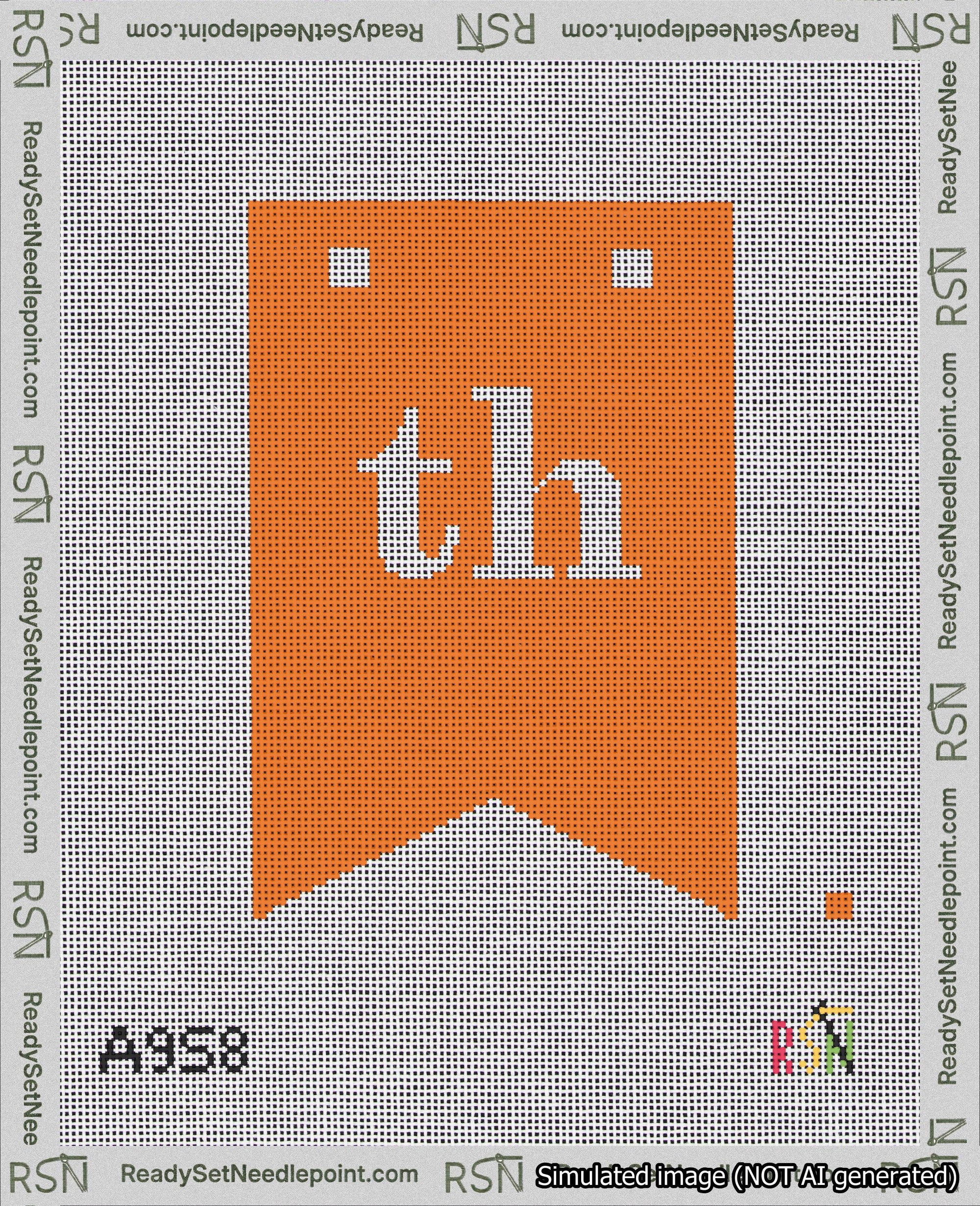 A taped needlepoint canvas with the design: Banner 18 mesh count Forked th White on Orange.