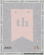 A taped needlepoint canvas with the design: Banner 18 mesh count Forked th White on Pink.