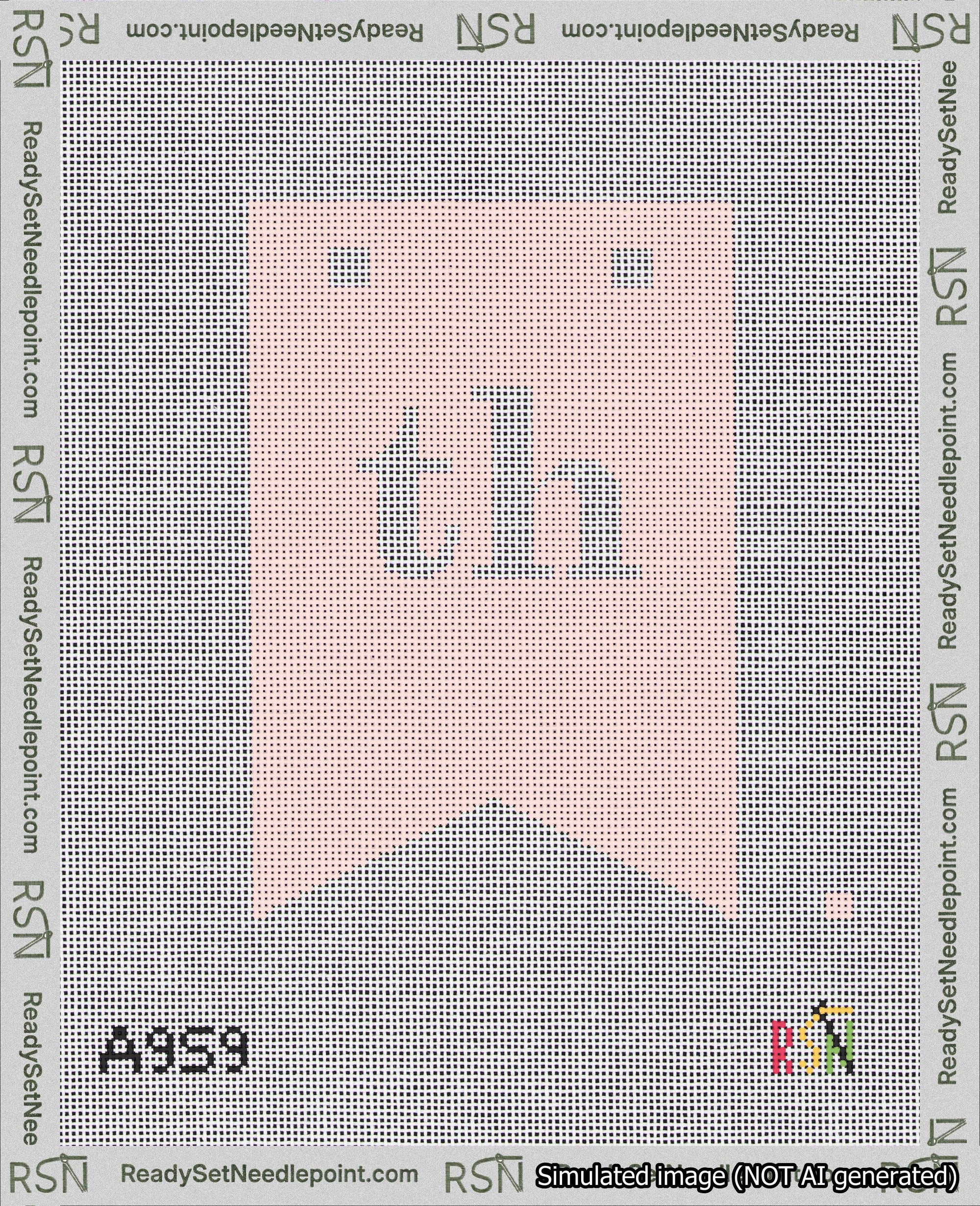 A taped needlepoint canvas with the design: Banner 18 mesh count Forked th White on Pink.