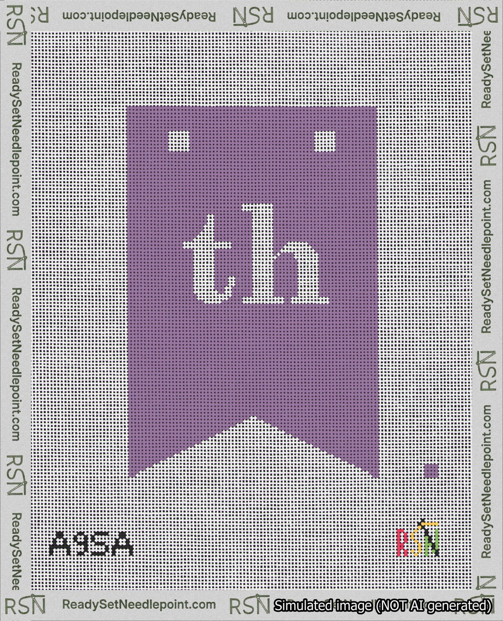 A taped needlepoint canvas with the design: Banner 18 mesh count Forked th White on Purple.