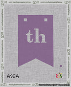 A taped needlepoint canvas with the design: Banner 18 mesh count Forked th White on Purple.