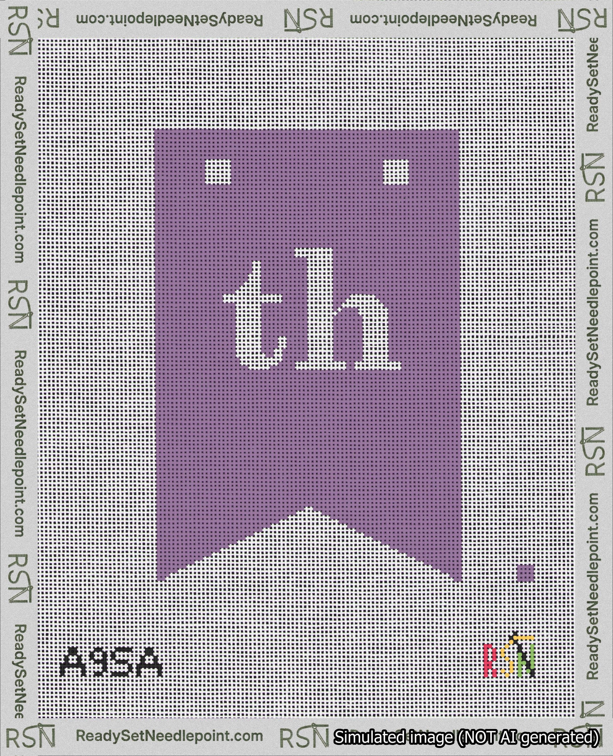 A taped needlepoint canvas with the design: Banner 18 mesh count Forked th White on Purple.