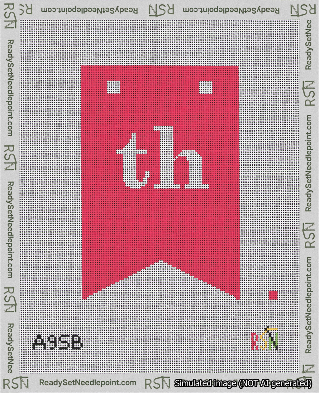 A taped needlepoint canvas with the design: Banner 18 mesh count Forked th White on Red.