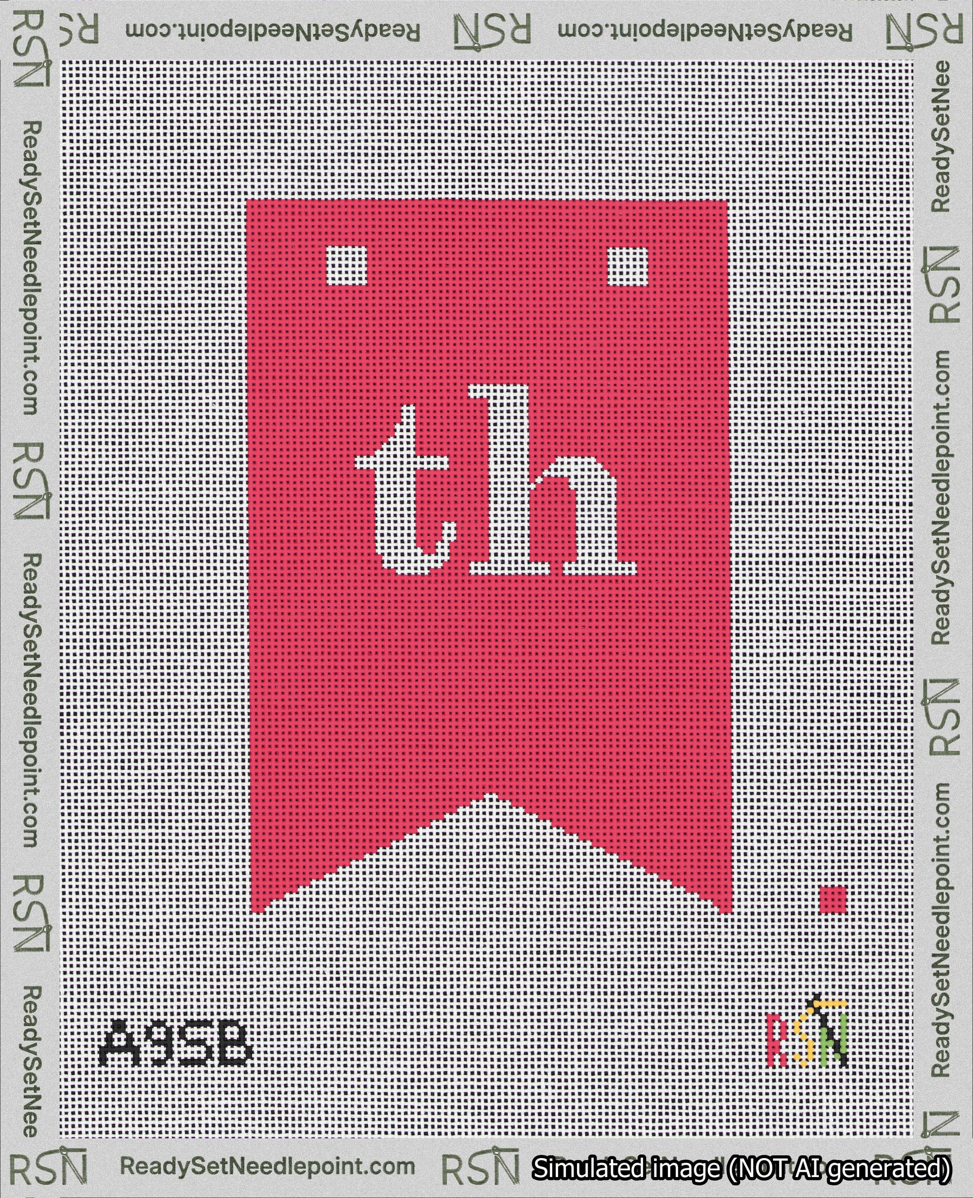 A taped needlepoint canvas with the design: Banner 18 mesh count Forked th White on Red.