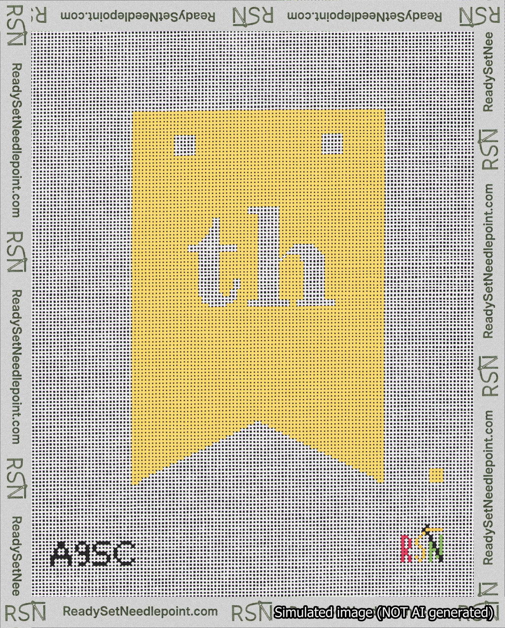 A taped needlepoint canvas with the design: Banner 18 mesh count Forked th White on Yellow.