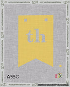 A taped needlepoint canvas with the design: Banner 18 mesh count Forked th White on Yellow.