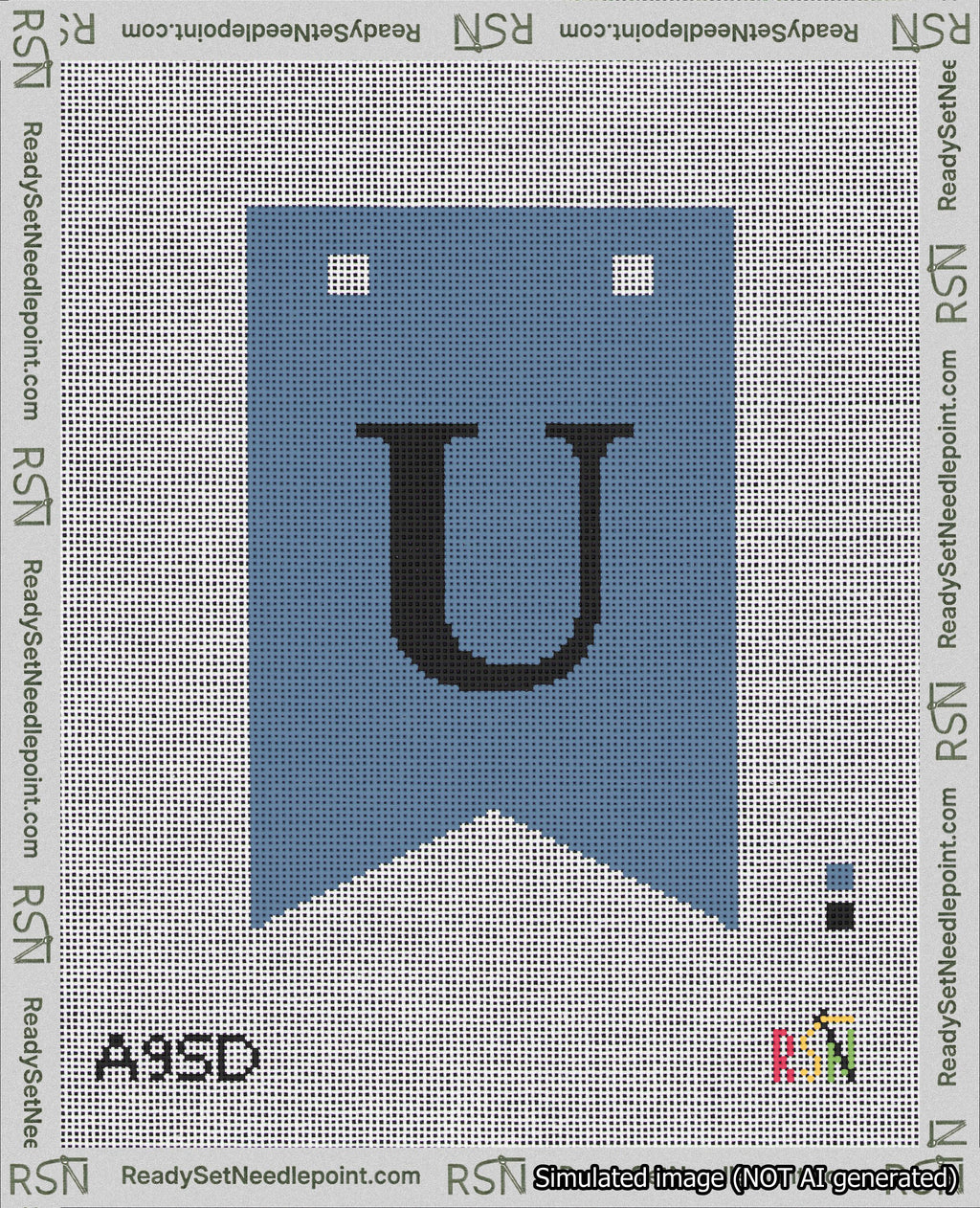 A taped needlepoint canvas with the design: Banner 18 mesh count Forked U Black on Blue.