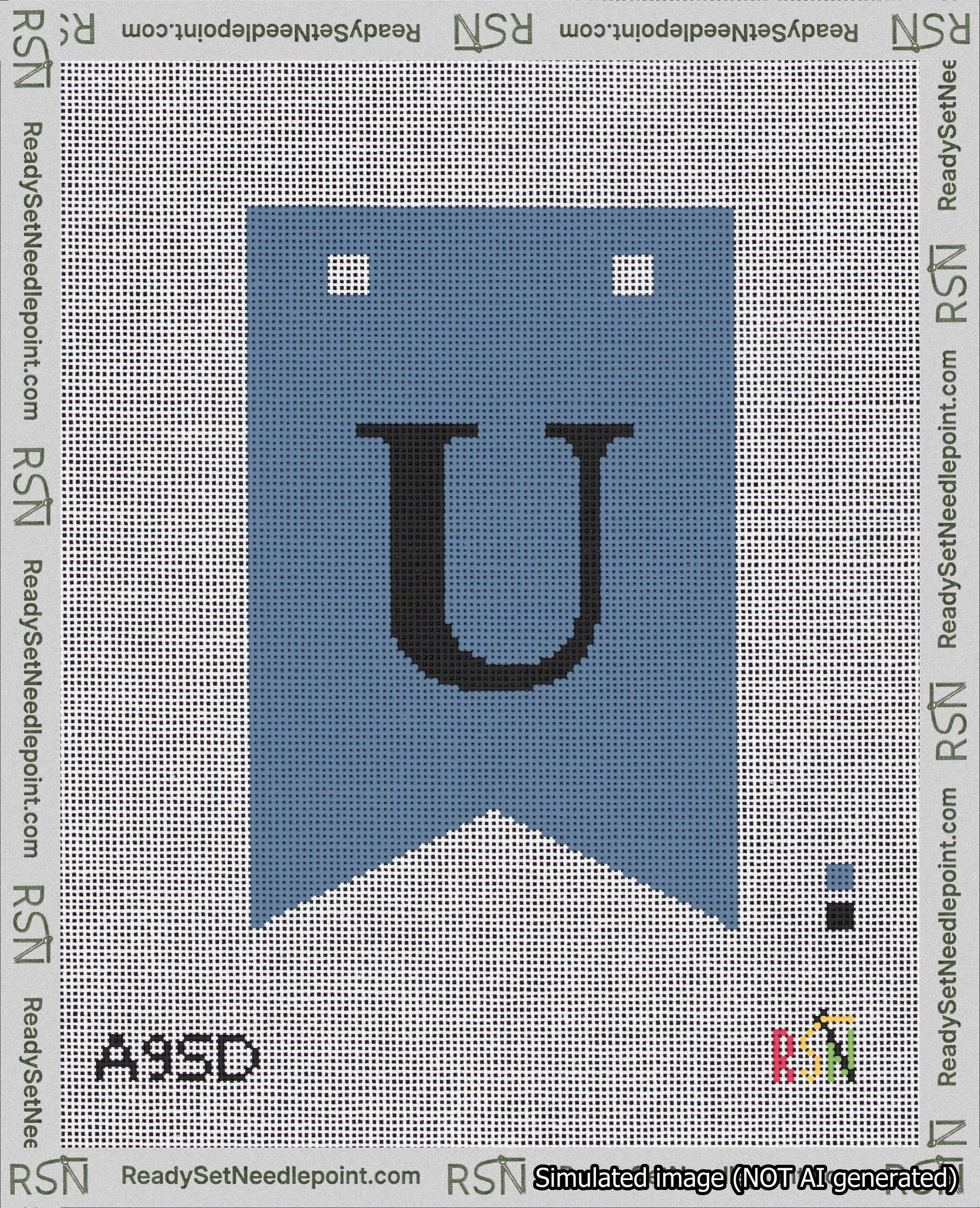 A taped needlepoint canvas with the design: Banner 18 mesh count Forked U Black on Blue.