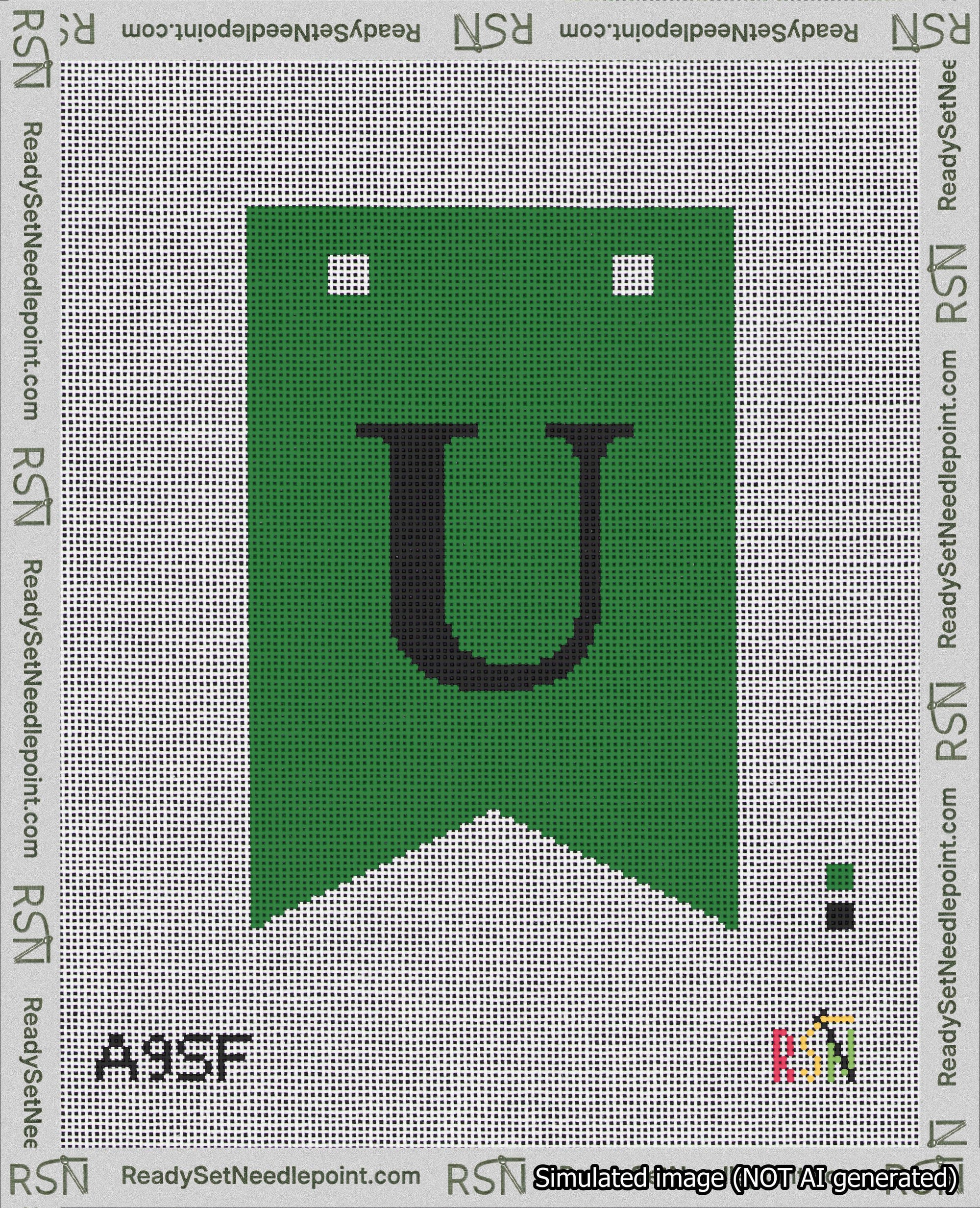 A taped needlepoint canvas with the design: Banner 18 mesh count Forked U Black on Green.
