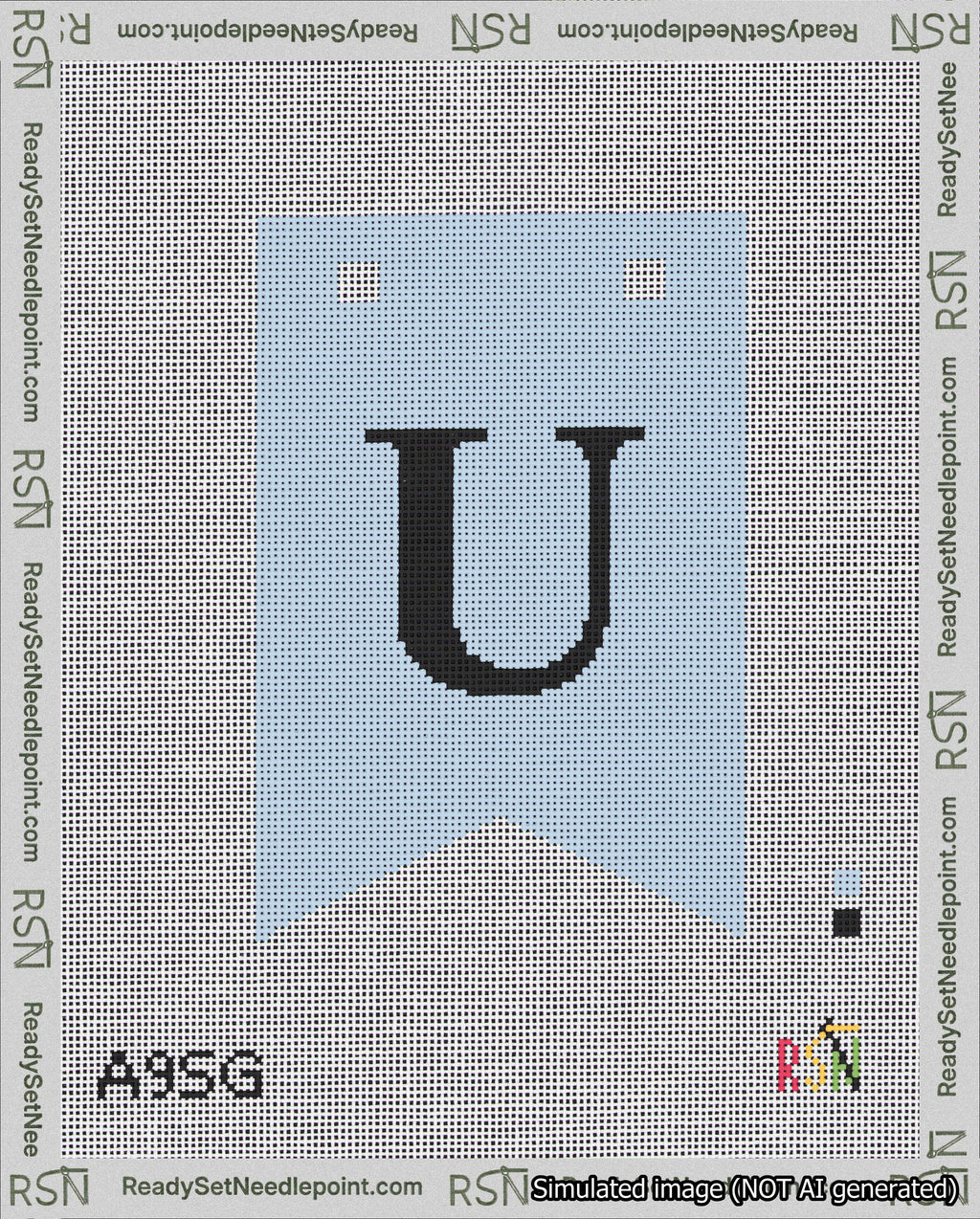 A taped needlepoint canvas with the design: Banner 18 mesh count Forked U Black on Light Blue.