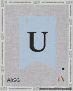A taped needlepoint canvas with the design: Banner 18 mesh count Forked U Black on Light Blue.
