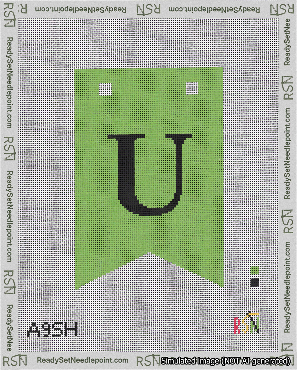 A taped needlepoint canvas with the design: Banner 18 mesh count Forked U Black on Light Green.