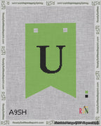 A taped needlepoint canvas with the design: Banner 18 mesh count Forked U Black on Light Green.