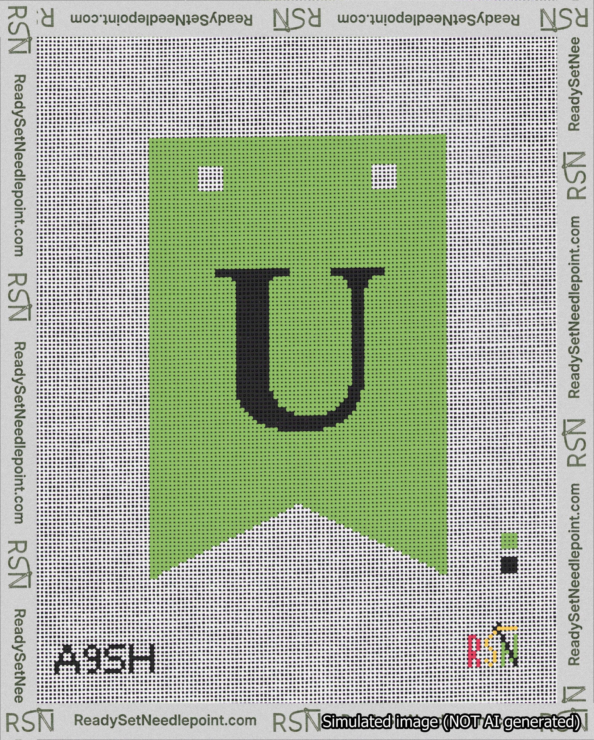A taped needlepoint canvas with the design: Banner 18 mesh count Forked U Black on Light Green.