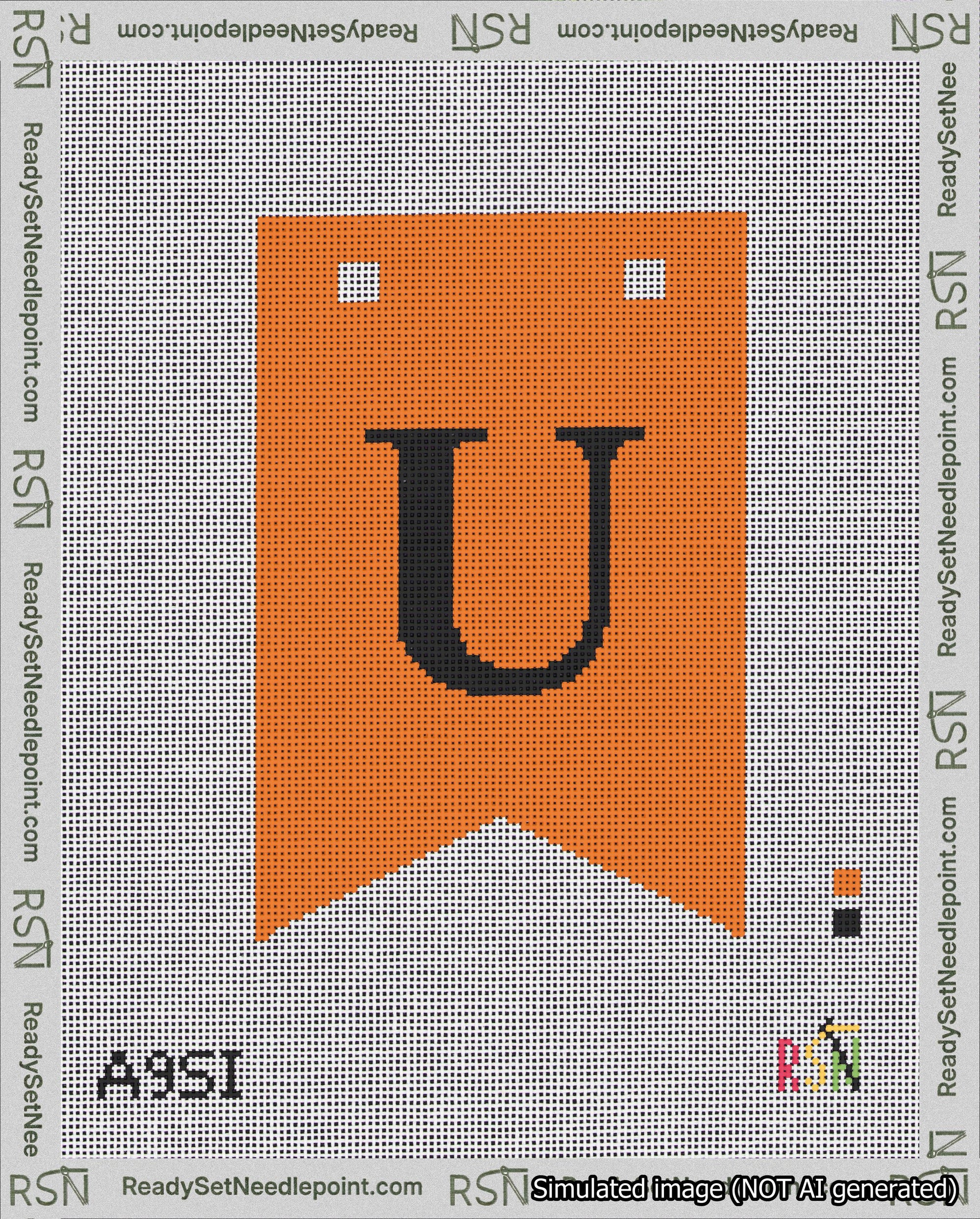 A taped needlepoint canvas with the design: Banner 18 mesh count Forked U Black on Orange.