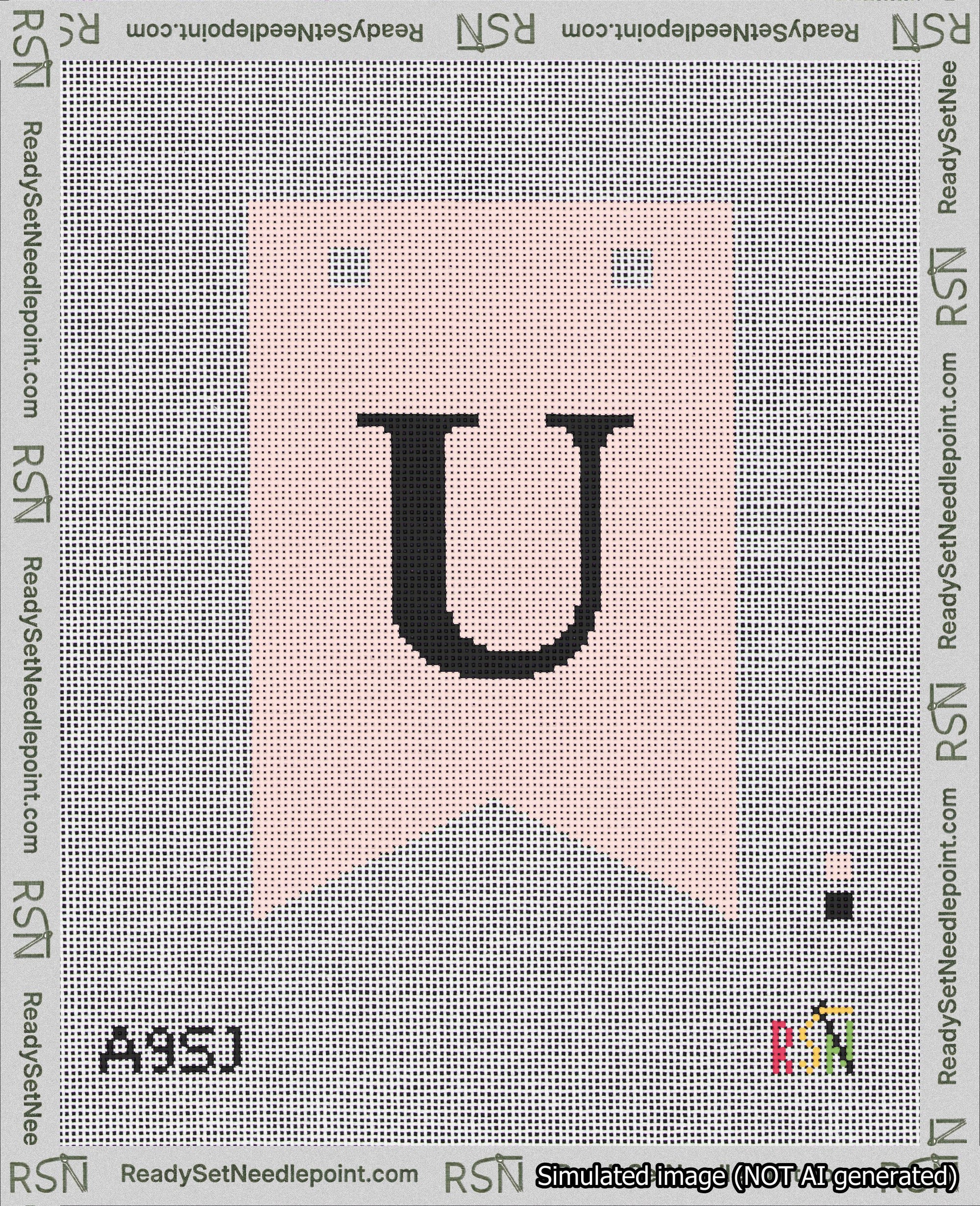 A taped needlepoint canvas with the design: Banner 18 mesh count Forked U Black on Pink.