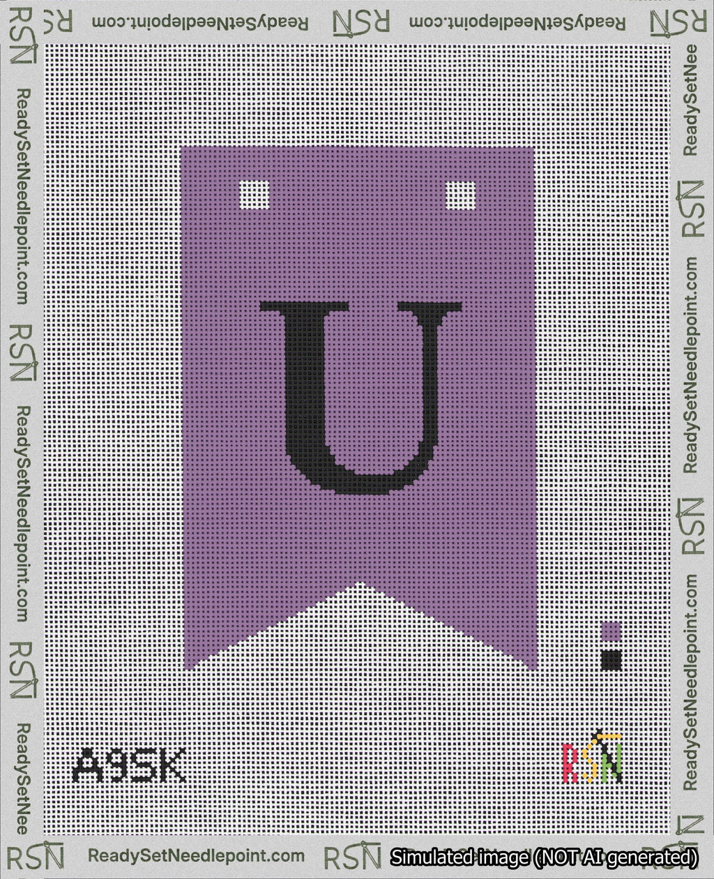 A taped needlepoint canvas with the design: Banner 18 mesh count Forked U Black on Purple.