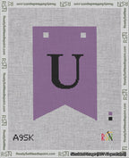 A taped needlepoint canvas with the design: Banner 18 mesh count Forked U Black on Purple.