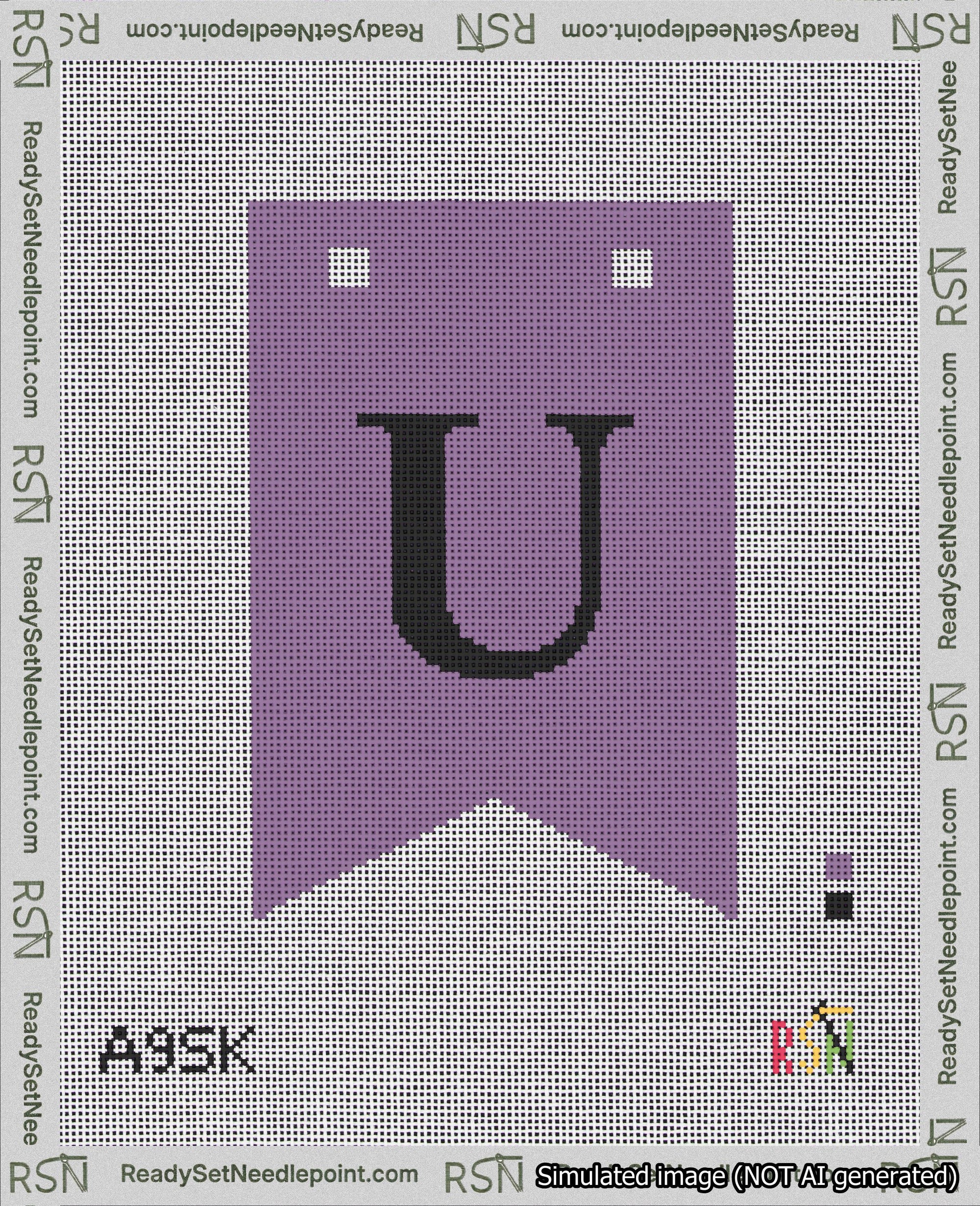 A taped needlepoint canvas with the design: Banner 18 mesh count Forked U Black on Purple.