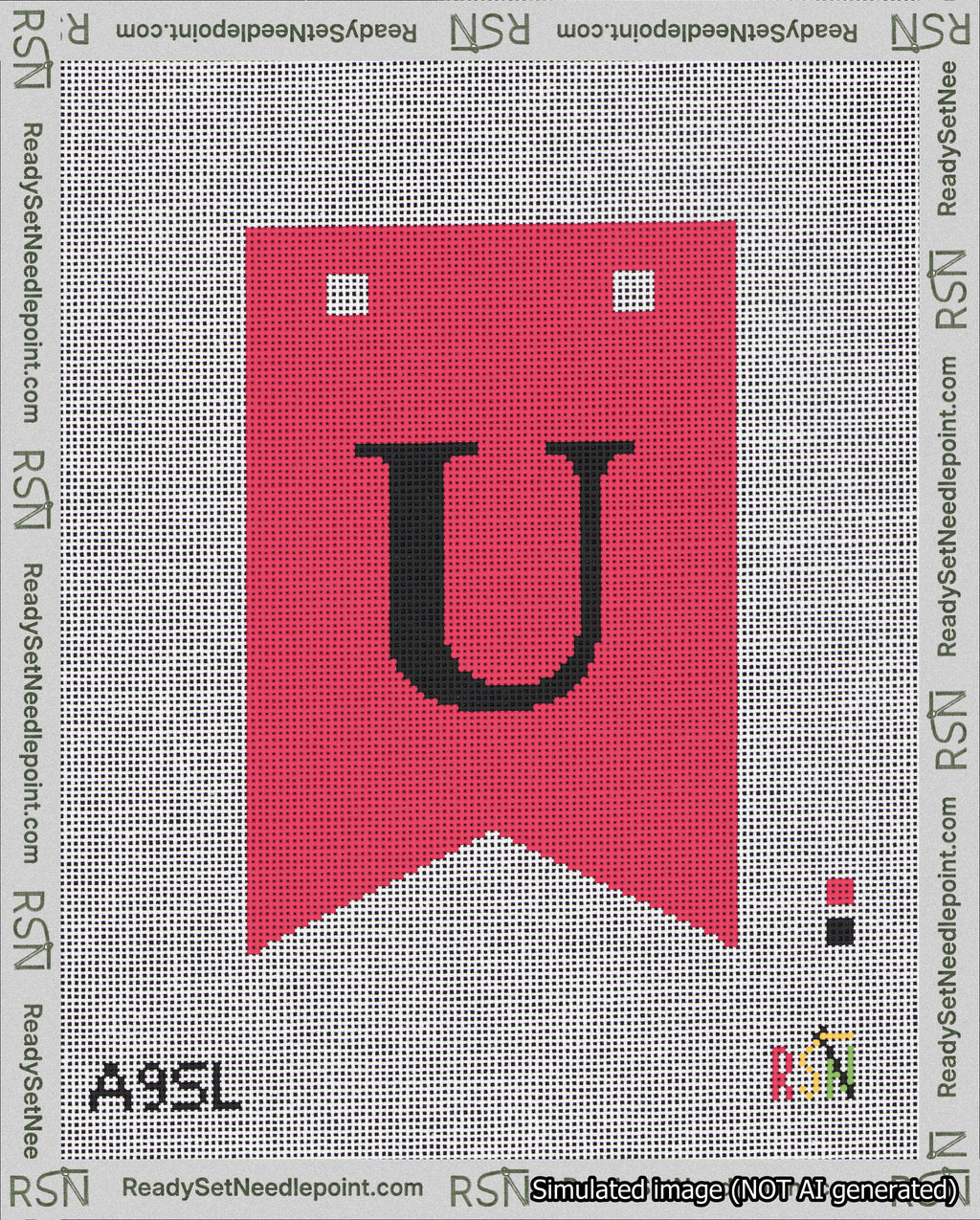 A taped needlepoint canvas with the design: Banner 18 mesh count Forked U Black on Red.