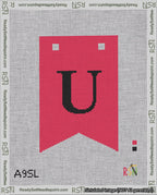 A taped needlepoint canvas with the design: Banner 18 mesh count Forked U Black on Red.