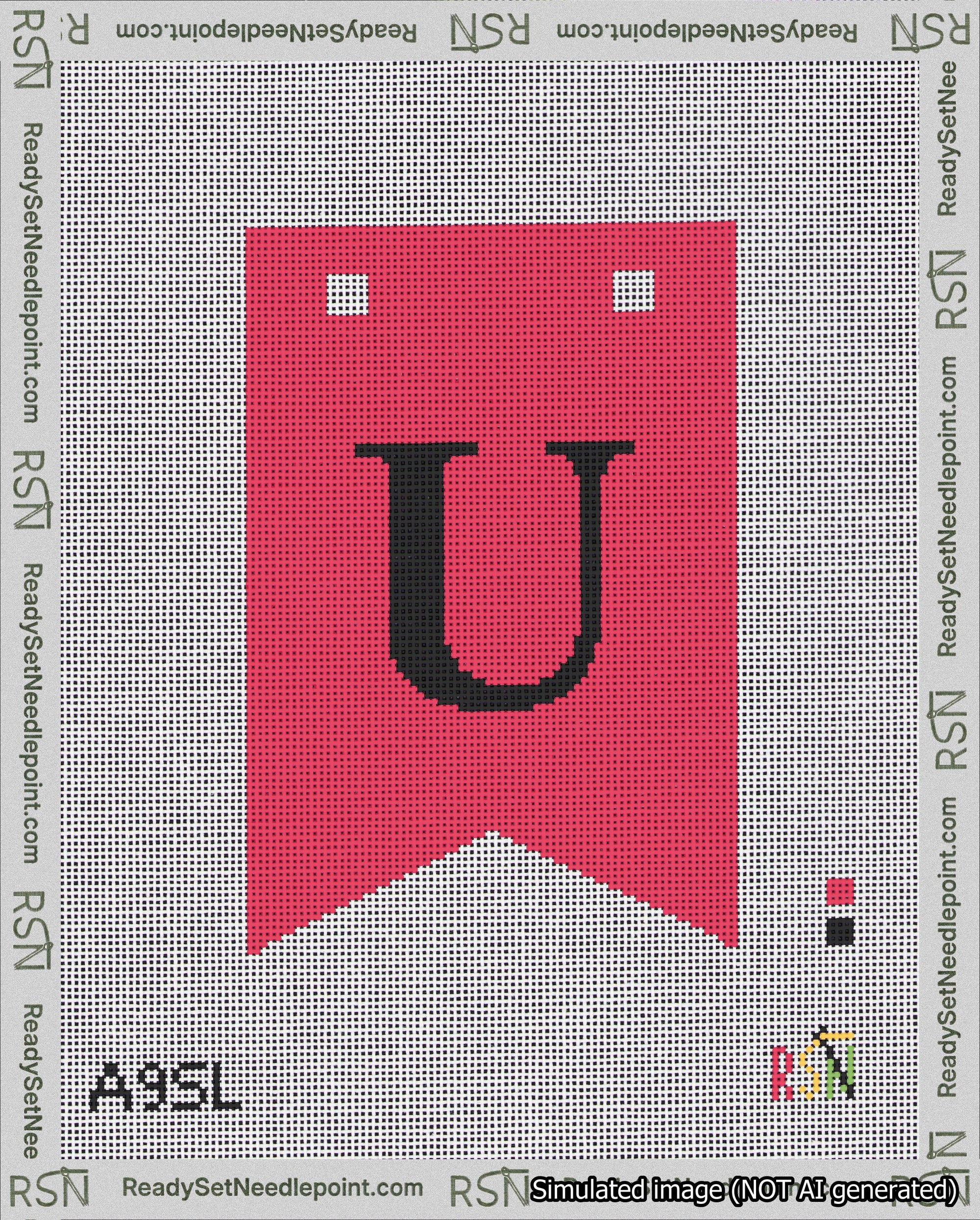 A taped needlepoint canvas with the design: Banner 18 mesh count Forked U Black on Red.