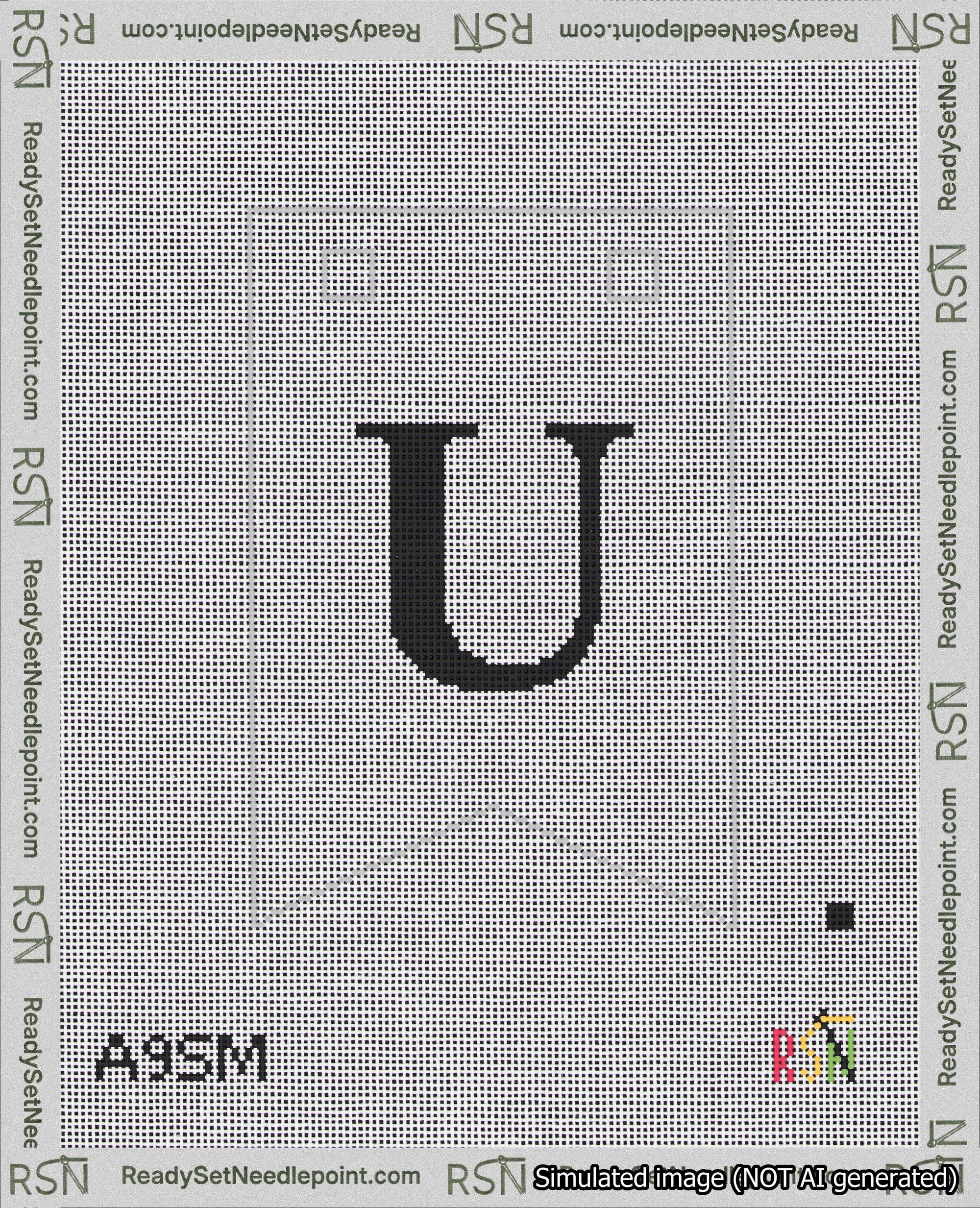 A taped needlepoint canvas with the design: Banner 18 mesh count Forked U Black on White.