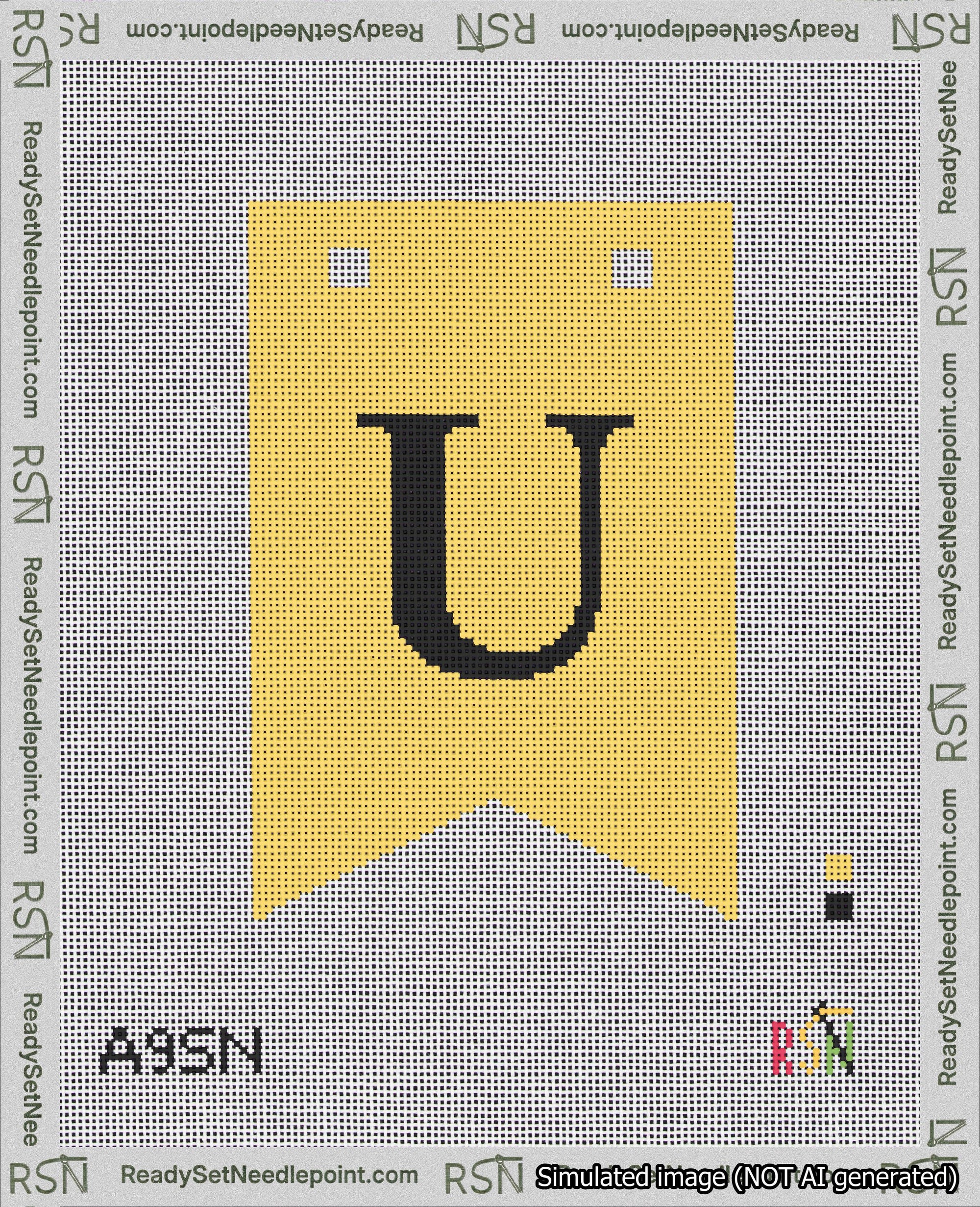 A taped needlepoint canvas with the design: Banner 18 mesh count Forked U Black on Yellow.