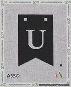 A taped needlepoint canvas with the design: Banner 18 mesh count Forked U White on Black.
