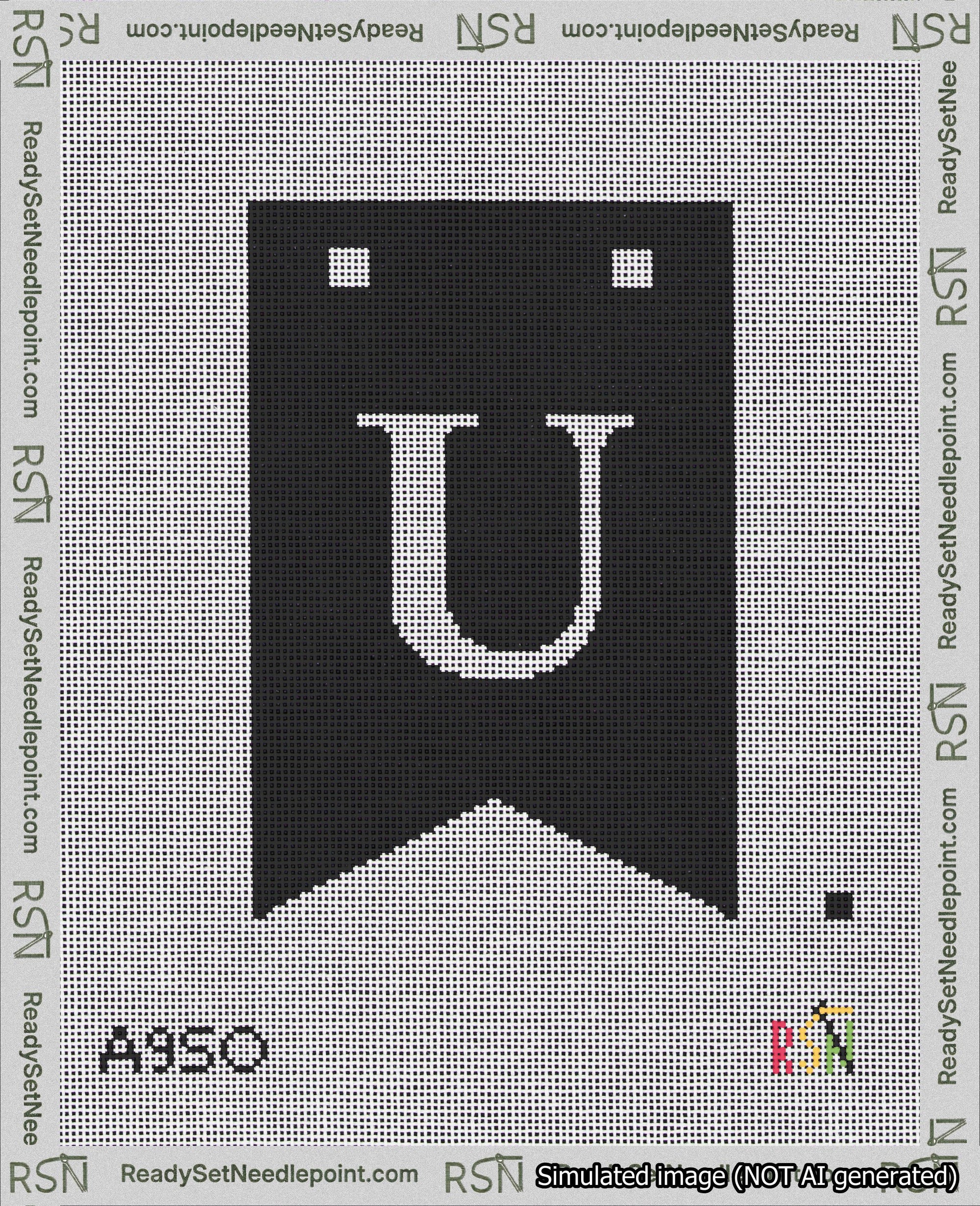 A taped needlepoint canvas with the design: Banner 18 mesh count Forked U White on Black.