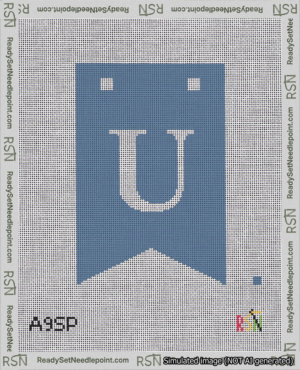 A taped needlepoint canvas with the design: Banner 18 mesh count Forked U White on Blue.