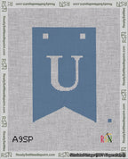 A taped needlepoint canvas with the design: Banner 18 mesh count Forked U White on Blue.