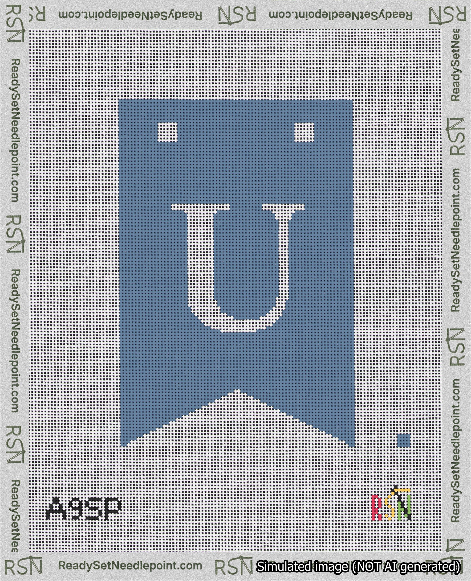 A taped needlepoint canvas with the design: Banner 18 mesh count Forked U White on Blue.