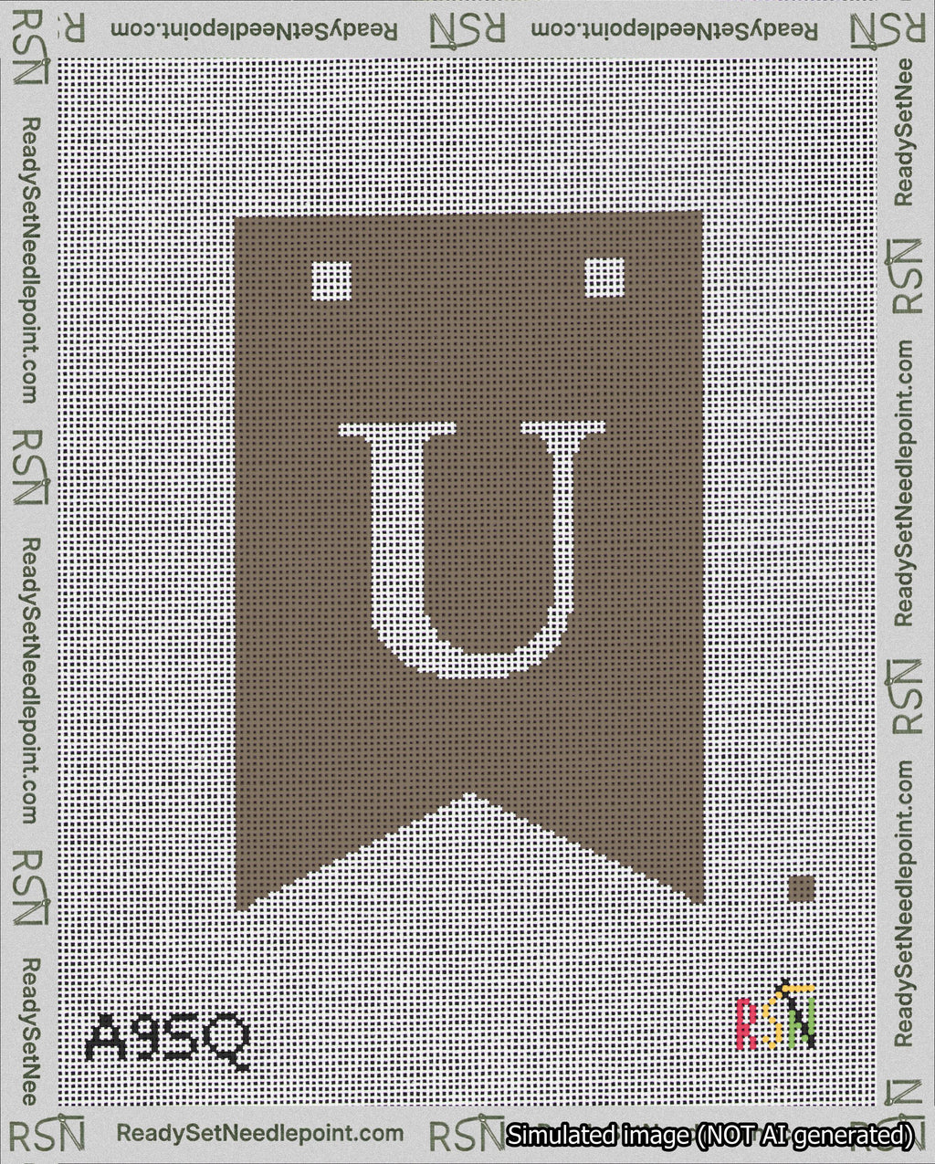 A taped needlepoint canvas with the design: Banner 18 mesh count Forked U White on Brown.