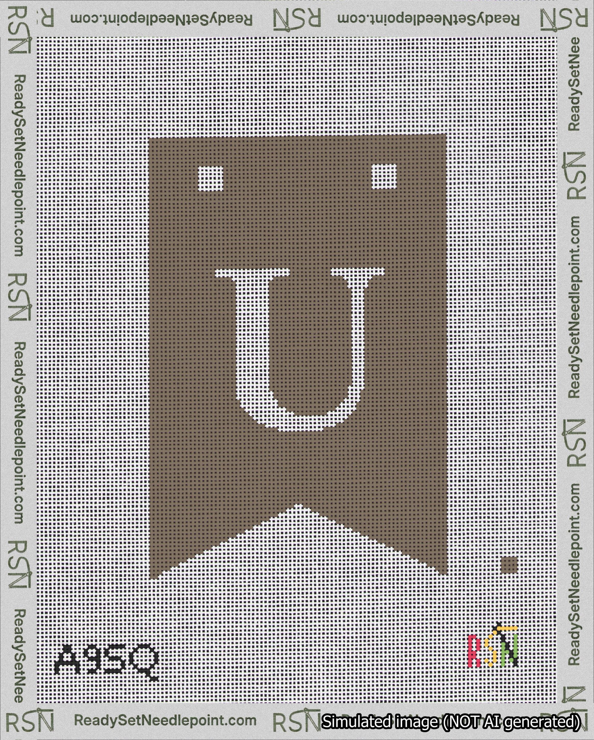 A taped needlepoint canvas with the design: Banner 18 mesh count Forked U White on Brown.
