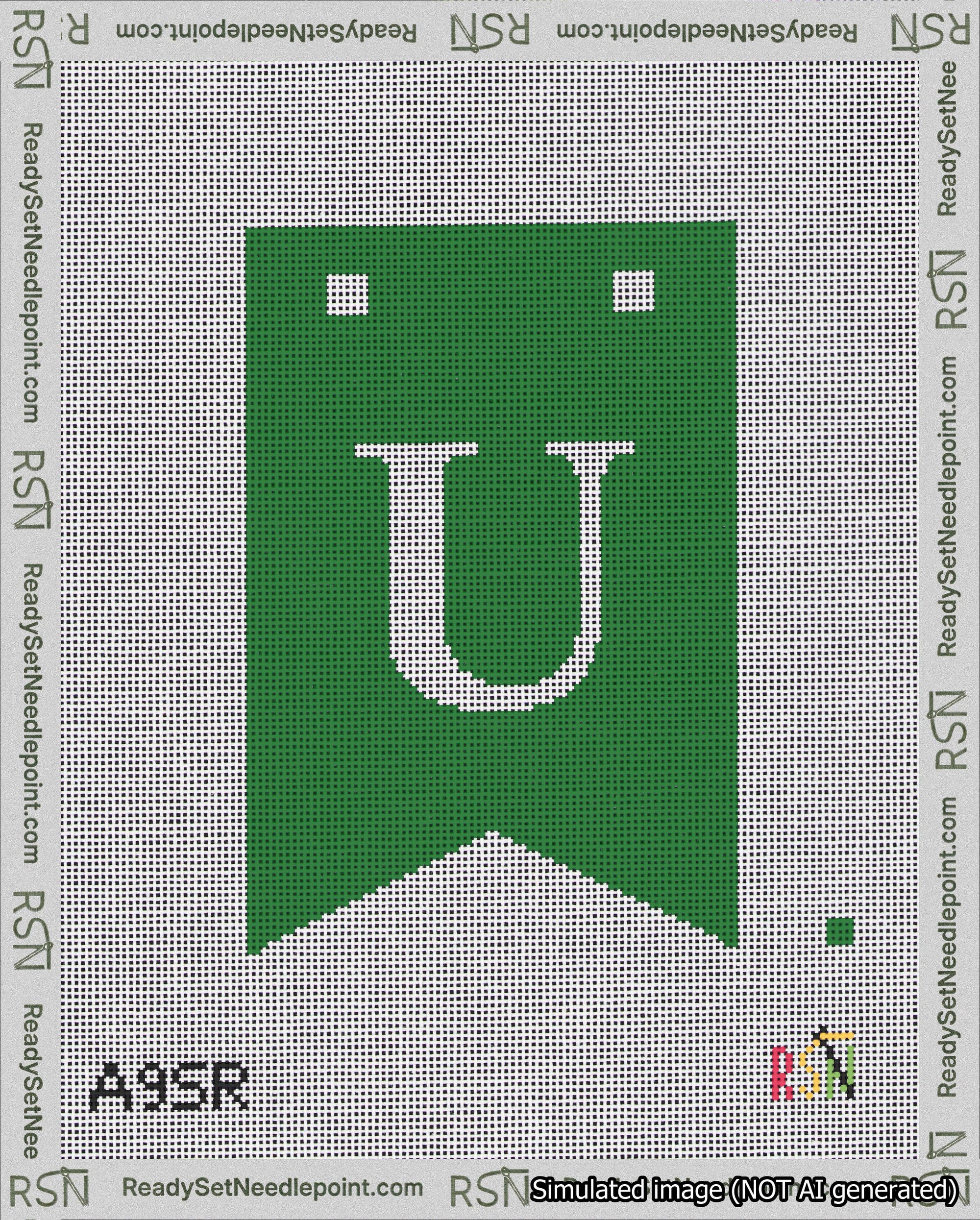 A taped needlepoint canvas with the design: Banner 18 mesh count Forked U White on Green.