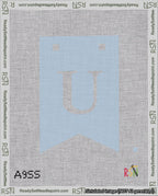 A taped needlepoint canvas with the design: Banner 18 mesh count Forked U White on Light Blue.